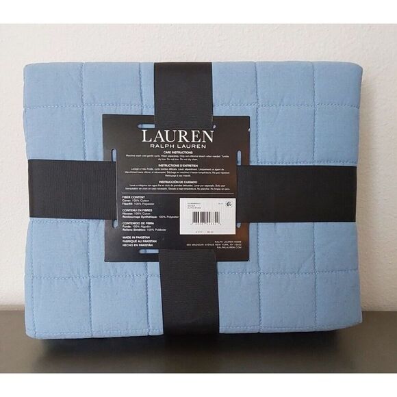 Ralph Lauren ASHER Blue Cotton Poly Fiberfill Quilted European Euro Pillow Sham - Picture 2 of 8